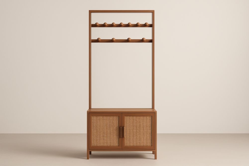 Appendiabiti con Scarpiera in Legno e Rattan 180cm x 80cm x 40cm