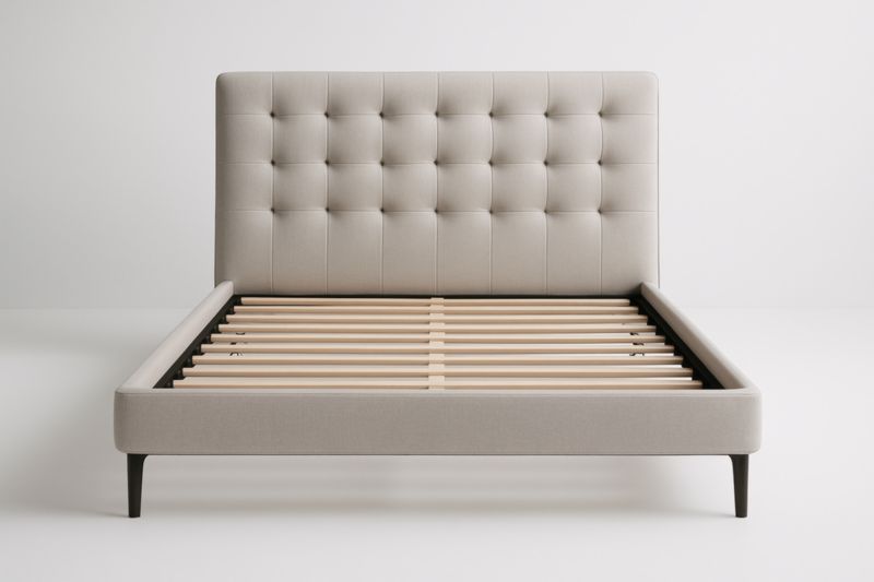 Letto imbottito in tessuto beige con struttura in legno 200x160 cm