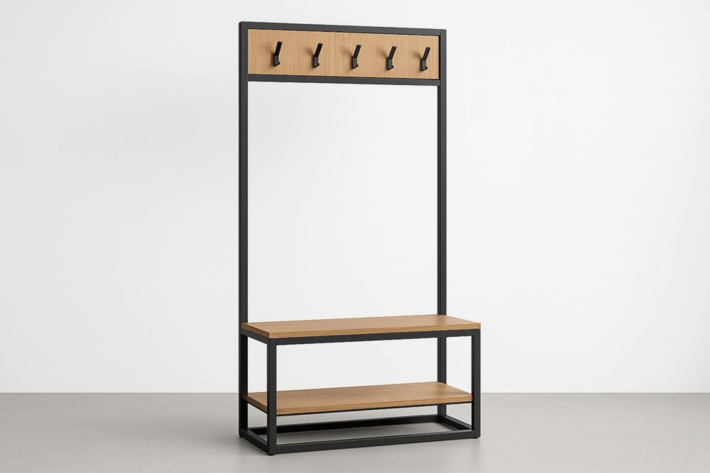 Appendiabiti con panca in legno e metallo nero 180x80x40 cm