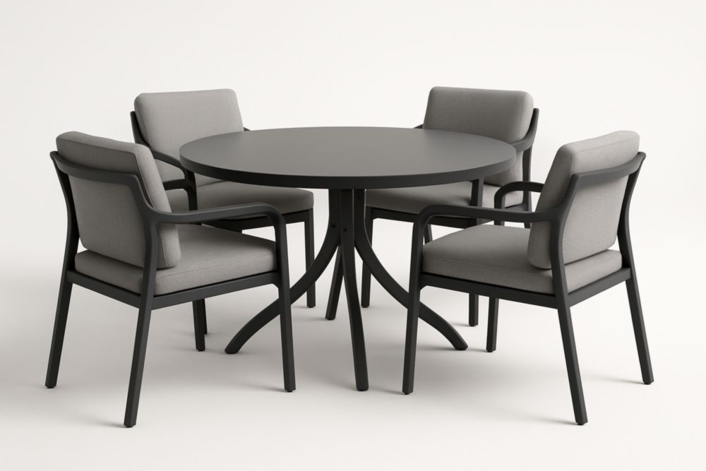 Ensemble table à manger de jardin ronde avec 4 chaises en aluminium et polyester noir et gris