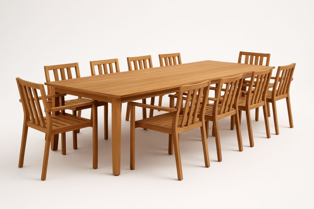 Ensemble de table rectangulaire avec 10 chaises en bois Teck
