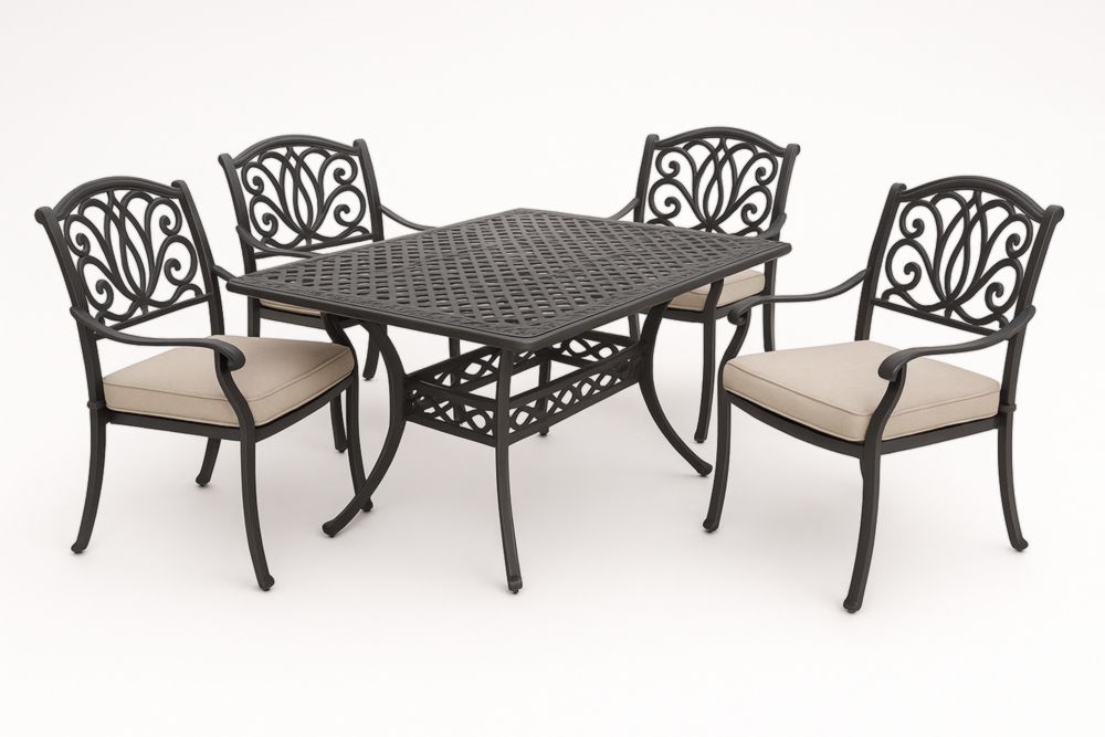 Ensemble table à manger de jardin en aluminium avec table rectangulaire et 4 chaises, Noir/Beige