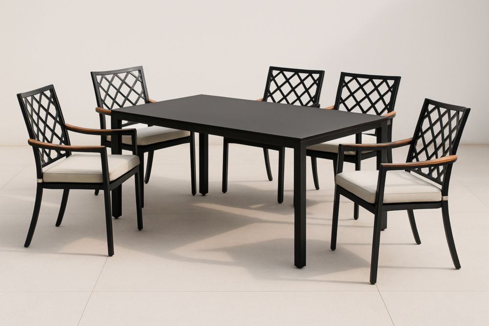 Ensemble table à manger de jardin en aluminium noir avec 5 chaises rembourrées