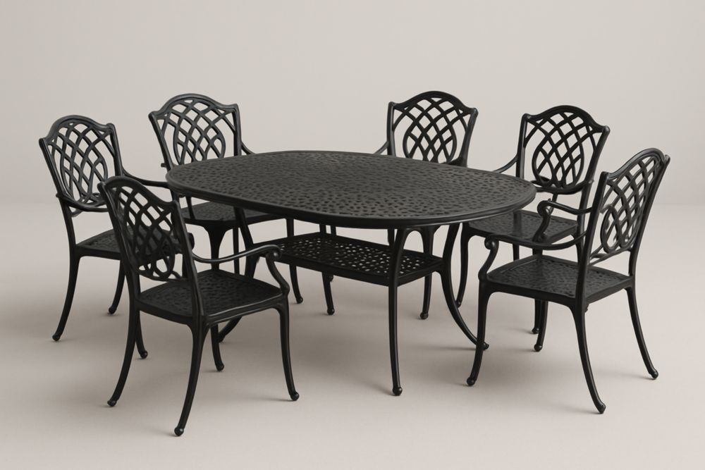 Ensemble table à manger de jardin en aluminium noir avec table ovale et 6 chaises