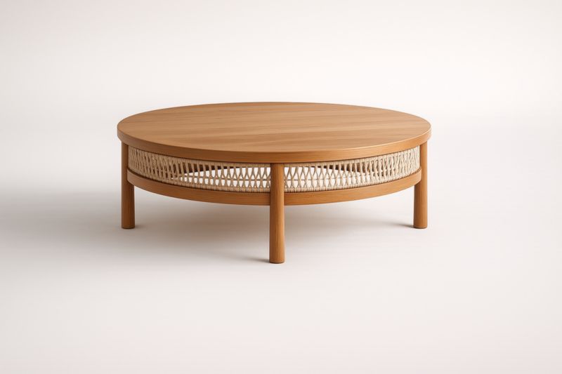 Table basse ronde bois et rotin naturelle 90cm