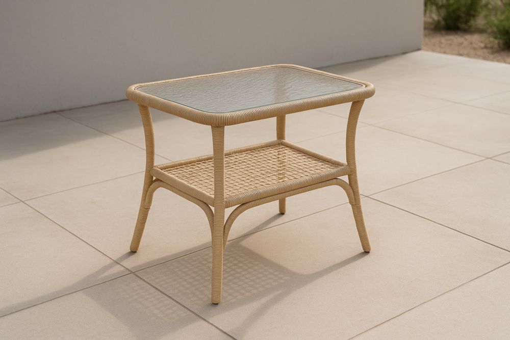 Table basse en rotin avec plateau en verre trempé