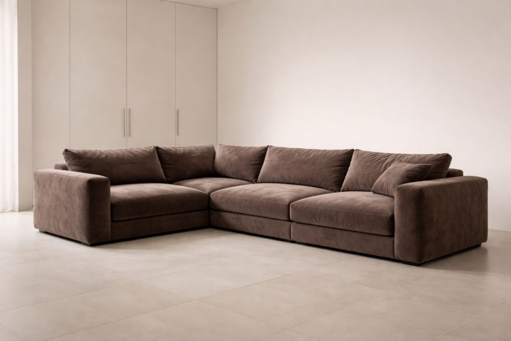 Canapé d'angle en tissu brun avec structure en bois