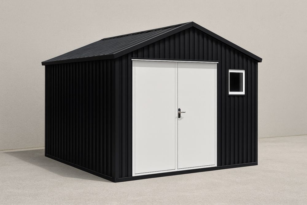 Abri de jardin en acier galvanisé noir 2.3x2.5m avec toit double pente et porte double