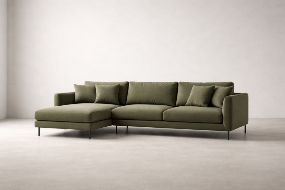 Canapé d'angle en tissu polyester vert avec coussins