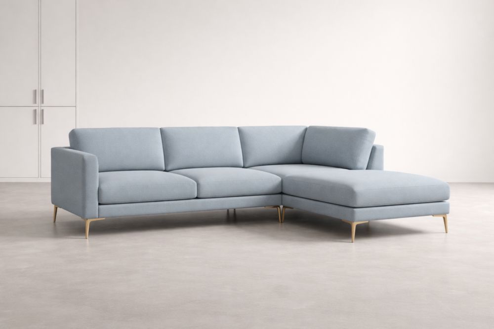 Canapé d'angle en tissu polyester bleu avec pieds en métal