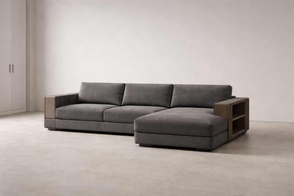 Canapé d'angle en tissu Gris avec étagères en Bois