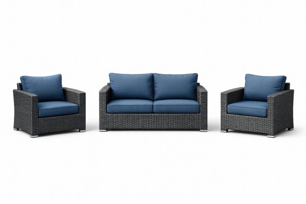 Ensemble de salon en osier avec coussins bleus