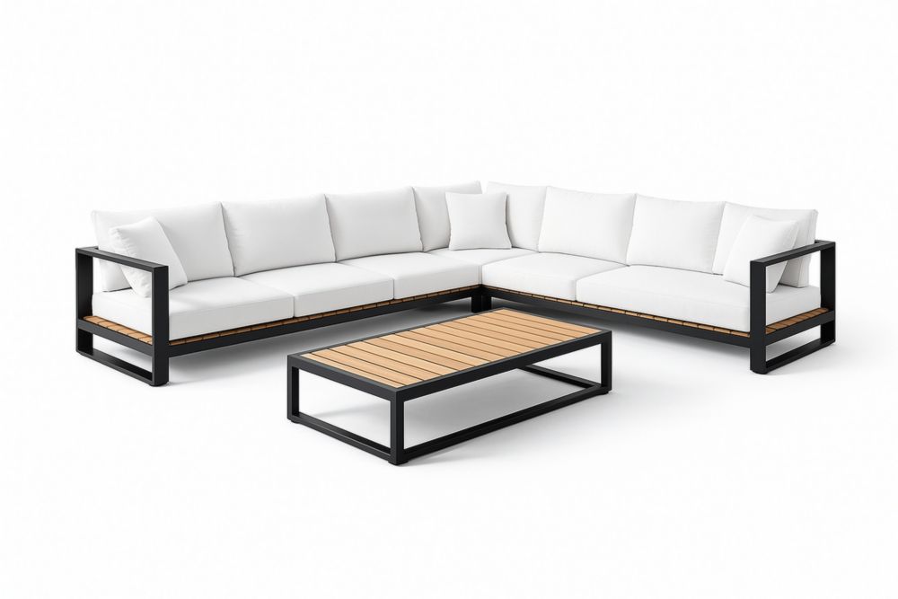 Canapé d'angle en aluminium et teck avec table basse Blanc