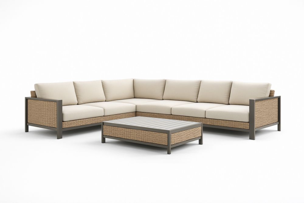 Canapé d'angle en aluminium et résine beige avec table basse