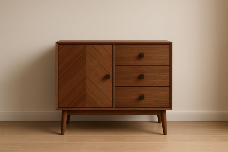 Credenza in Legno Massello Marrone con Tre Cassetti e Un'Anta