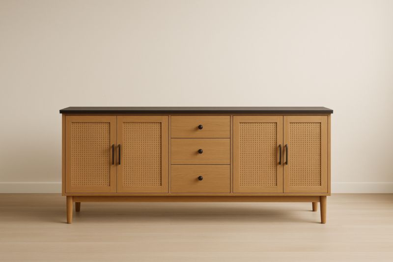 Credenza in Legno Massello e Rattan con Tre Cassetti e Quattro Ante