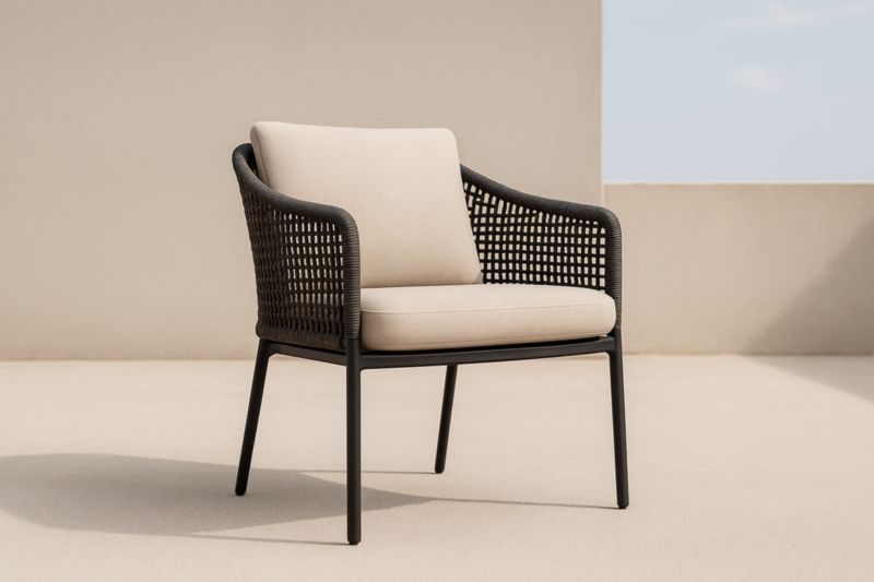 Sedia da Esterno in Metallo e Rattan con Cuscini in Poliestere Beige