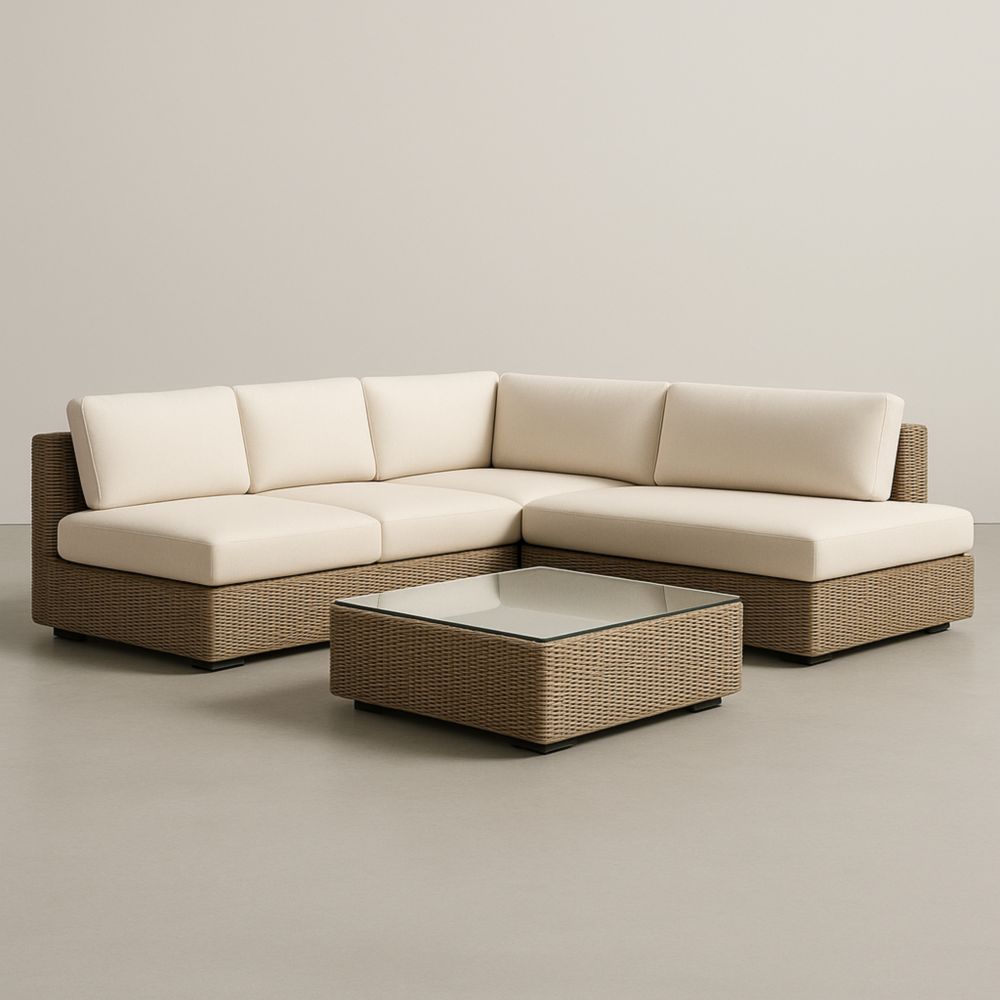 Divano Modulare da Esterno in Rattan con Tavolino in Vetro