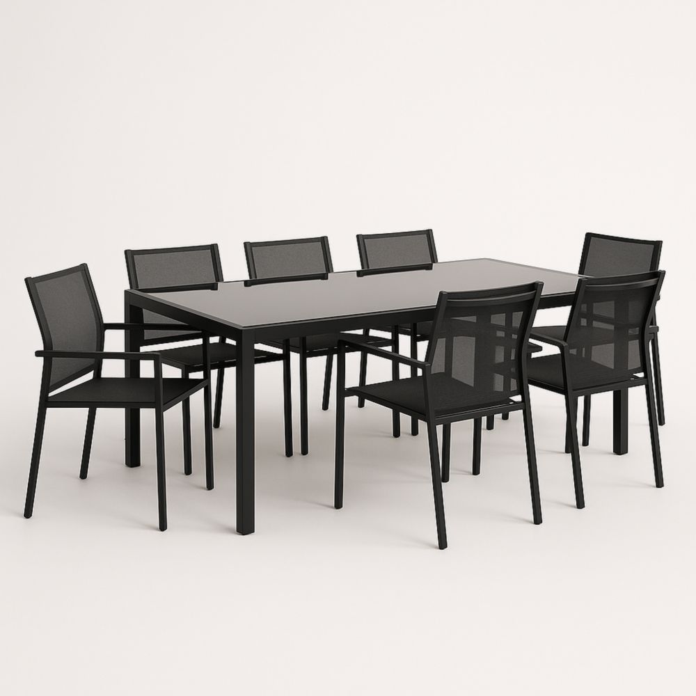 Set tavolo e sedie da giardino in acciaio e vetro temperato nero