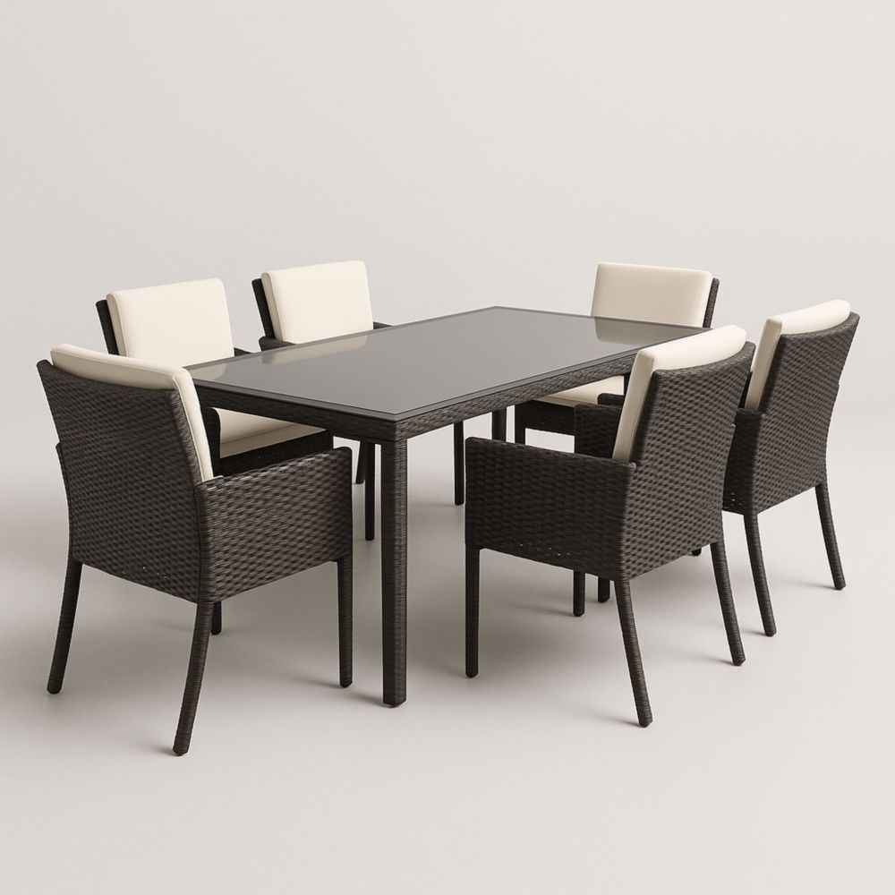 Set tavolo da pranzo rettangolare con 6 sedie in rattan e vetro temperato