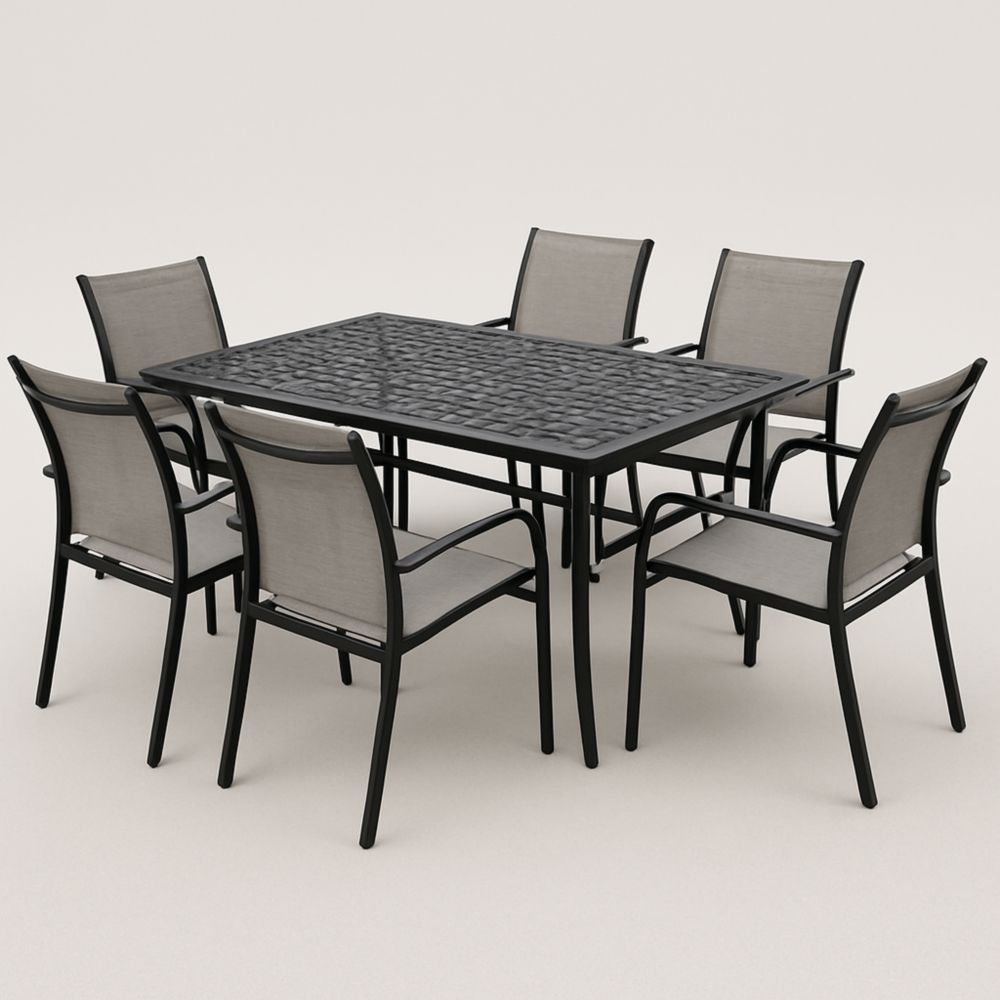 Set tavolo rettangolare in metallo con piano intrecciato e 6 sedie in textilene Nero Grigio