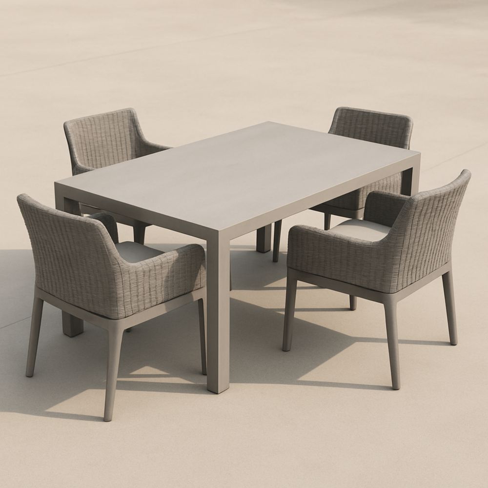 Set tavolo rettangolare in metallo con 4 sedie in rattan grigio