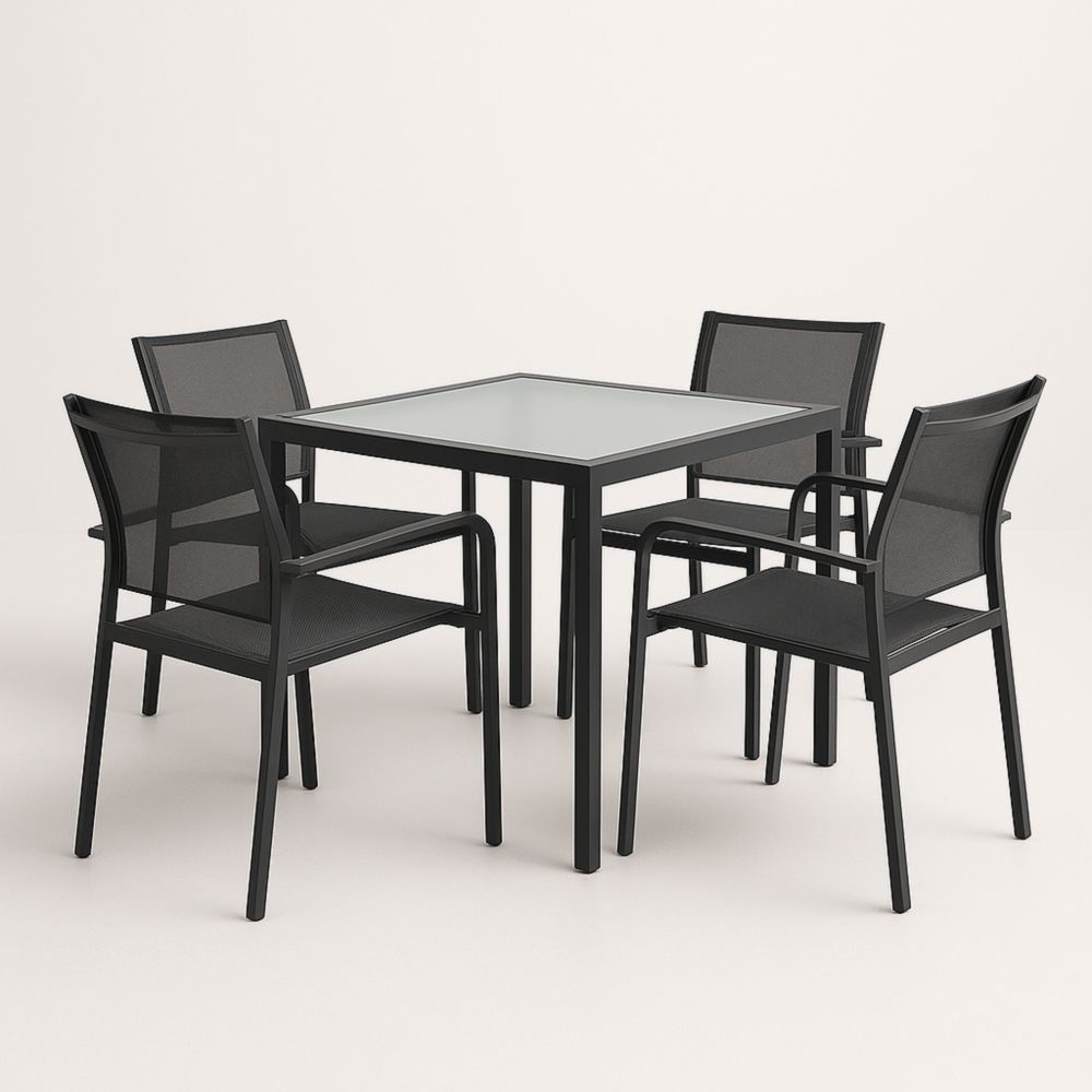 Set da Pranzo per Esterno in Alluminio e Vetro Temperato Nero 5 Pezzi