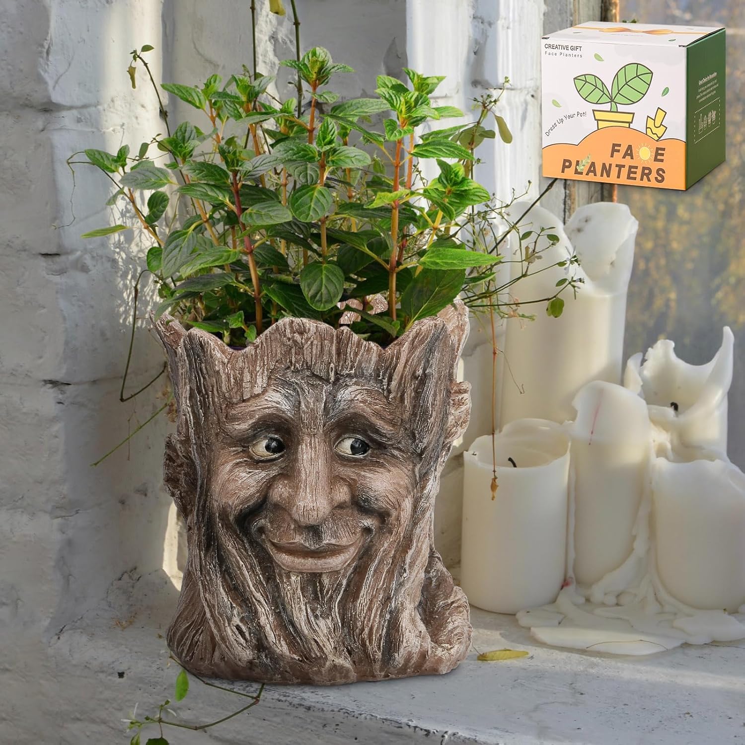 Face Planter with Funny Smile - Unique Head Planters for Indoor Outdoor Plants with Drainage Hole