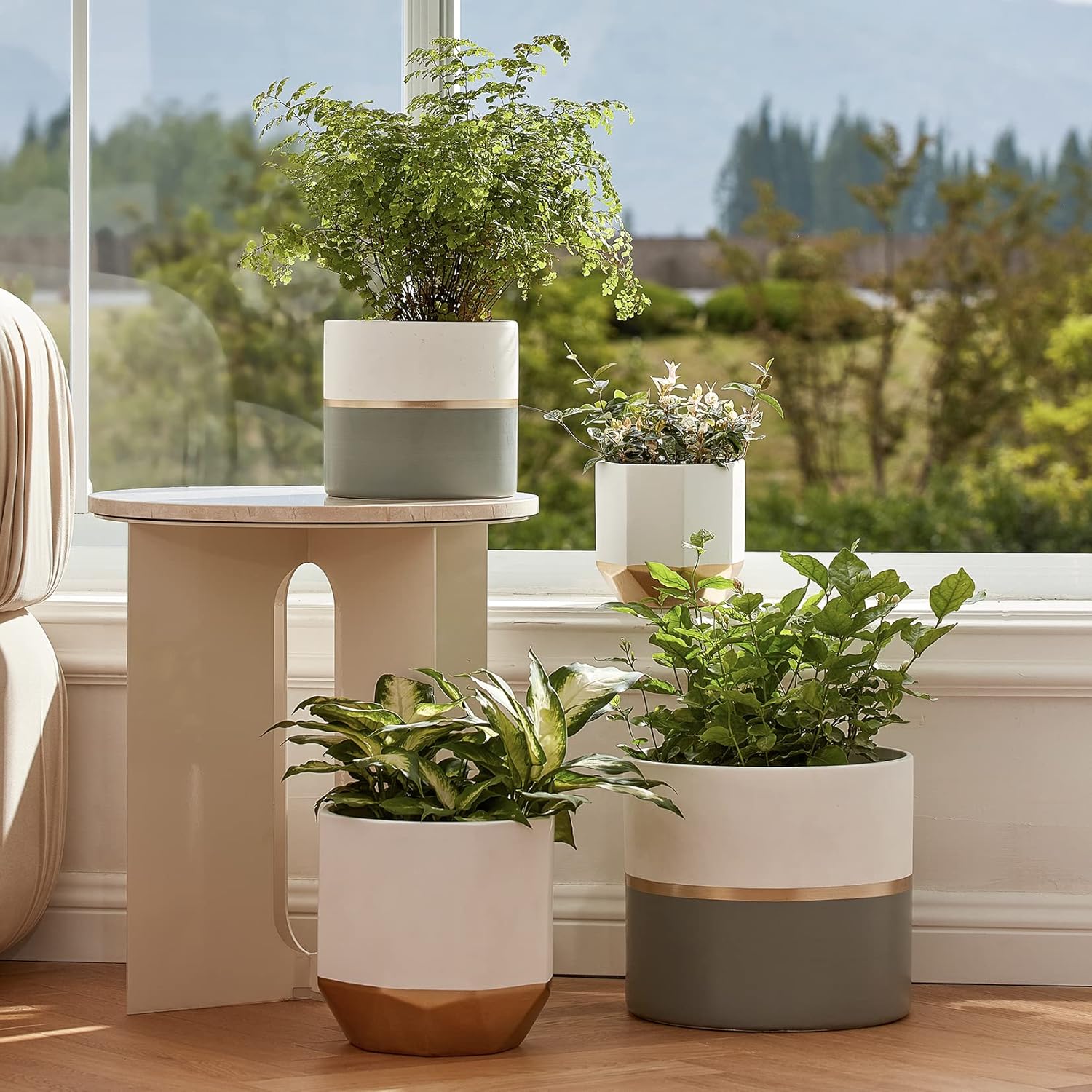 White Ceramic Flower Pot Garden Planters 6.7 Inch Pack 2 Indoor Plant Containers with Gold and Grey Detailing