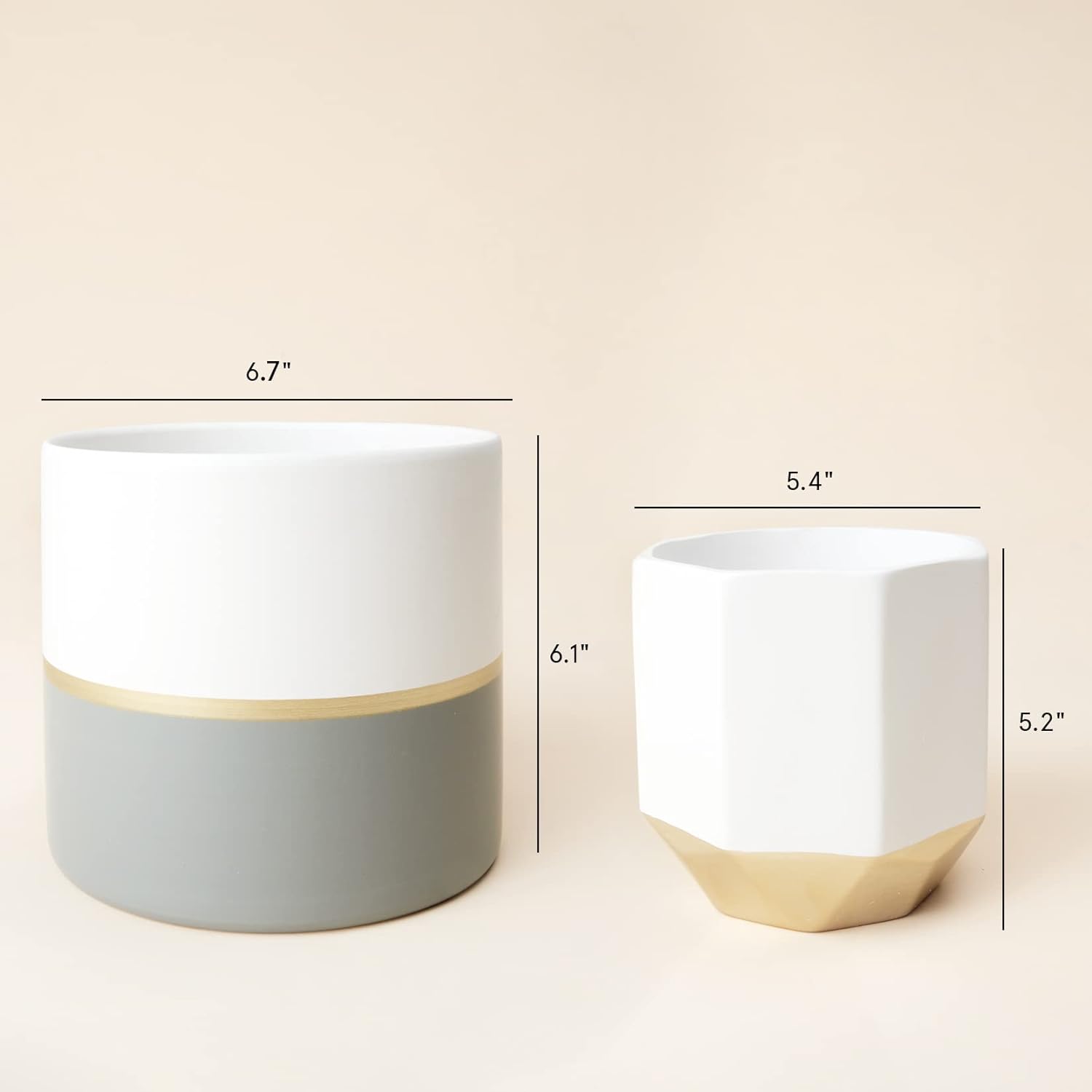 White Ceramic Flower Pot Garden Planters 6.7 Inch Pack 2 Indoor Plant Containers with Gold and Grey Detailing