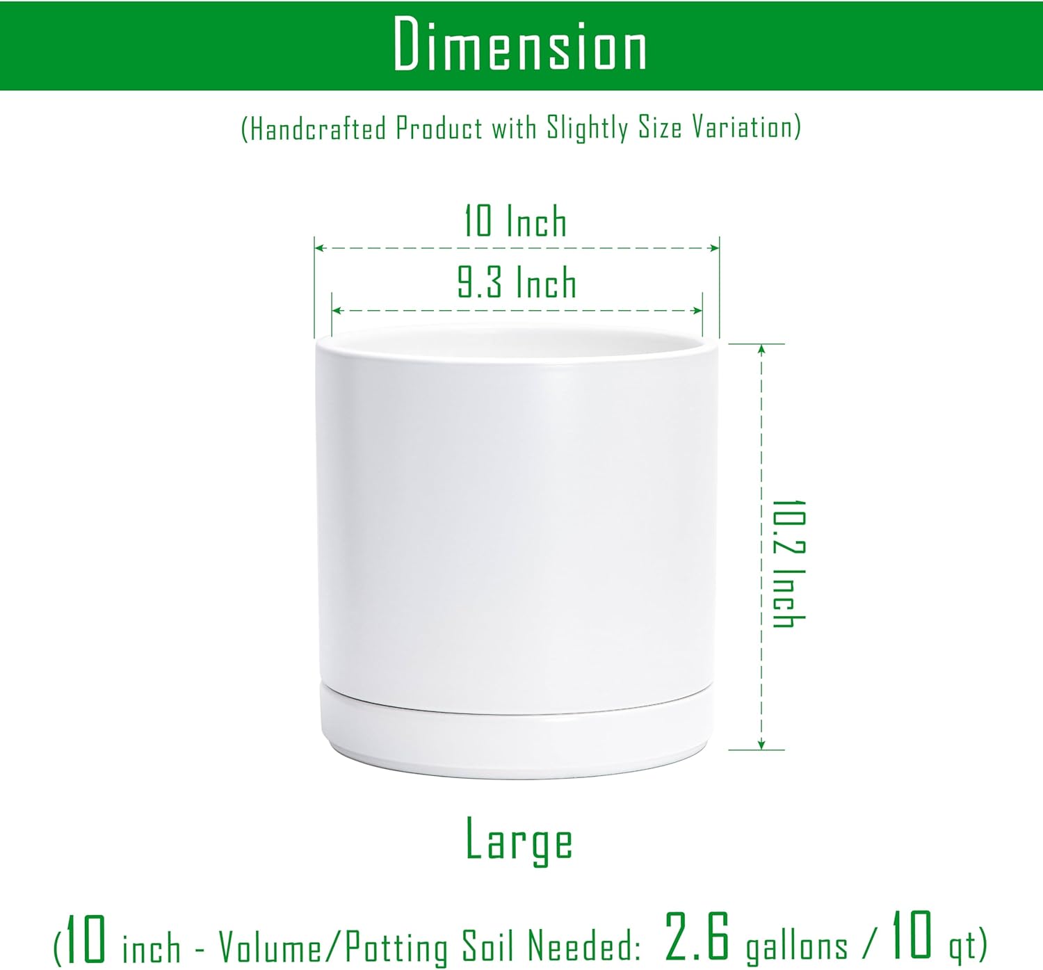 10 Inch Ceramic Planter Pot with Drainage Hole and Saucer, Indoor Cylinder Round Planter Pot
