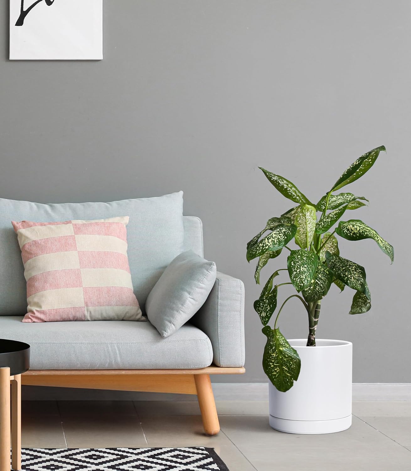 10 Inch Ceramic Planter Pot with Drainage Hole and Saucer, Indoor Cylinder Round Planter Pot