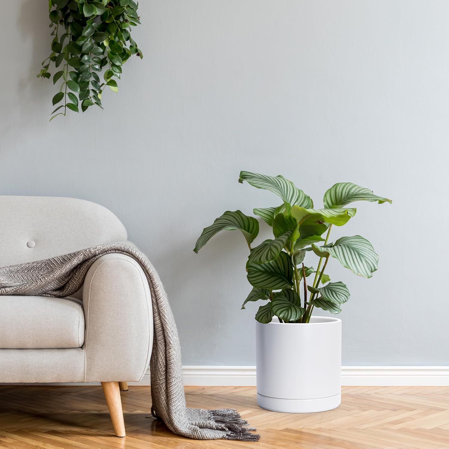 10 Inch Ceramic Planter Pot with Drainage Hole and Saucer, Indoor Cylinder Round Planter Pot