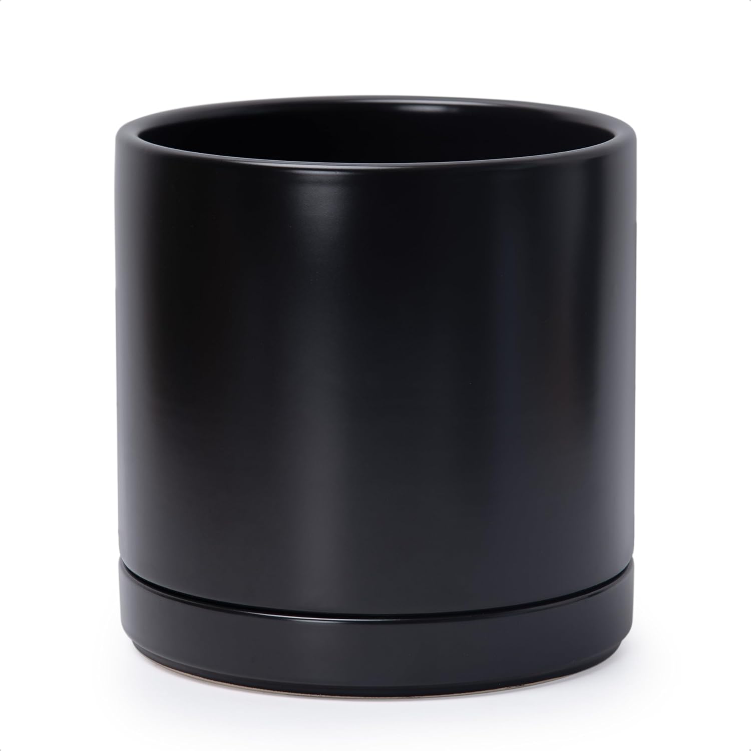 10 Inch Ceramic Planter Pot with Drainage Hole and Saucer, Indoor Cylinder Round Planter Pot