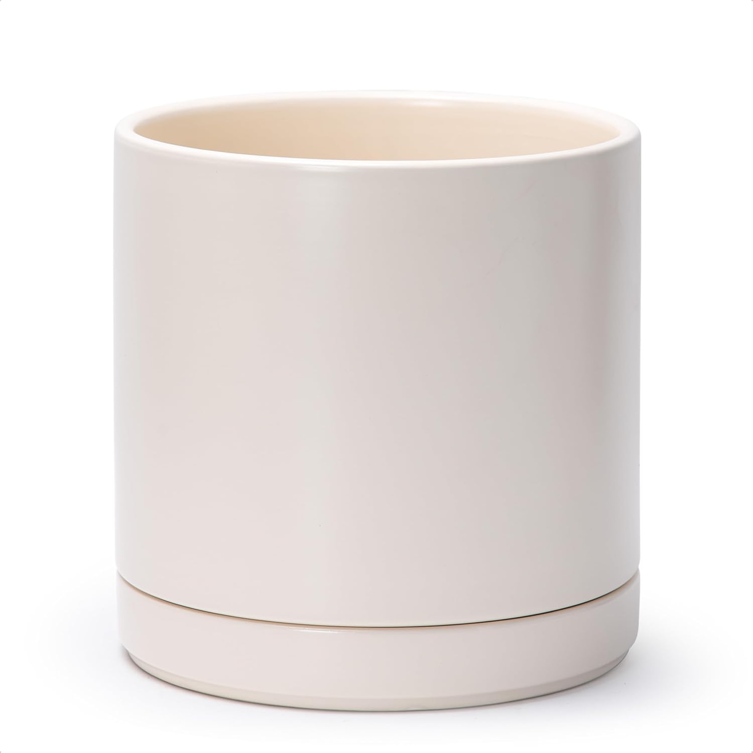 10 Inch Ceramic Planter Pot with Drainage Hole and Saucer, Indoor Cylinder Round Planter Pot