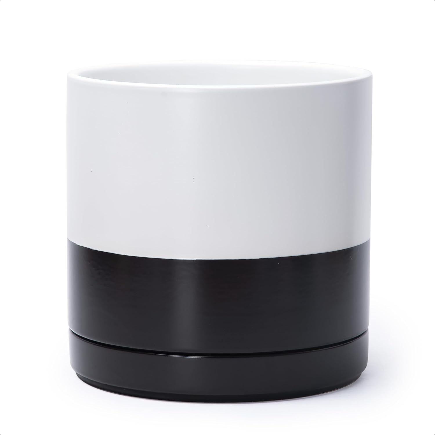 10 Inch Ceramic Planter Pot with Drainage Hole and Saucer, Indoor Cylinder Round Planter Pot