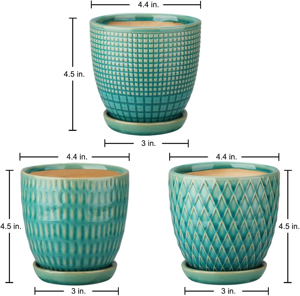 4 inches Ceramic Planter Pots 3 Set of Small Round Flower Pots with Drainage Hole and Ceramic Tray for Succulents Cactus Indoor Outdoor Garden Home Windowsill