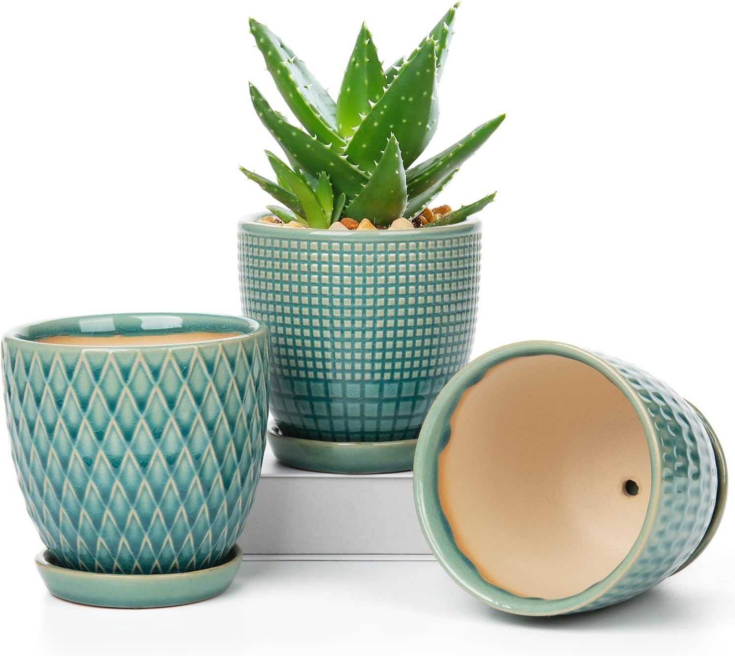 4 inches Ceramic Planter Pots 3 Set of Small Round Flower Pots with Drainage Hole and Ceramic Tray for Succulents Cactus Indoor Outdoor Garden Home Windowsill