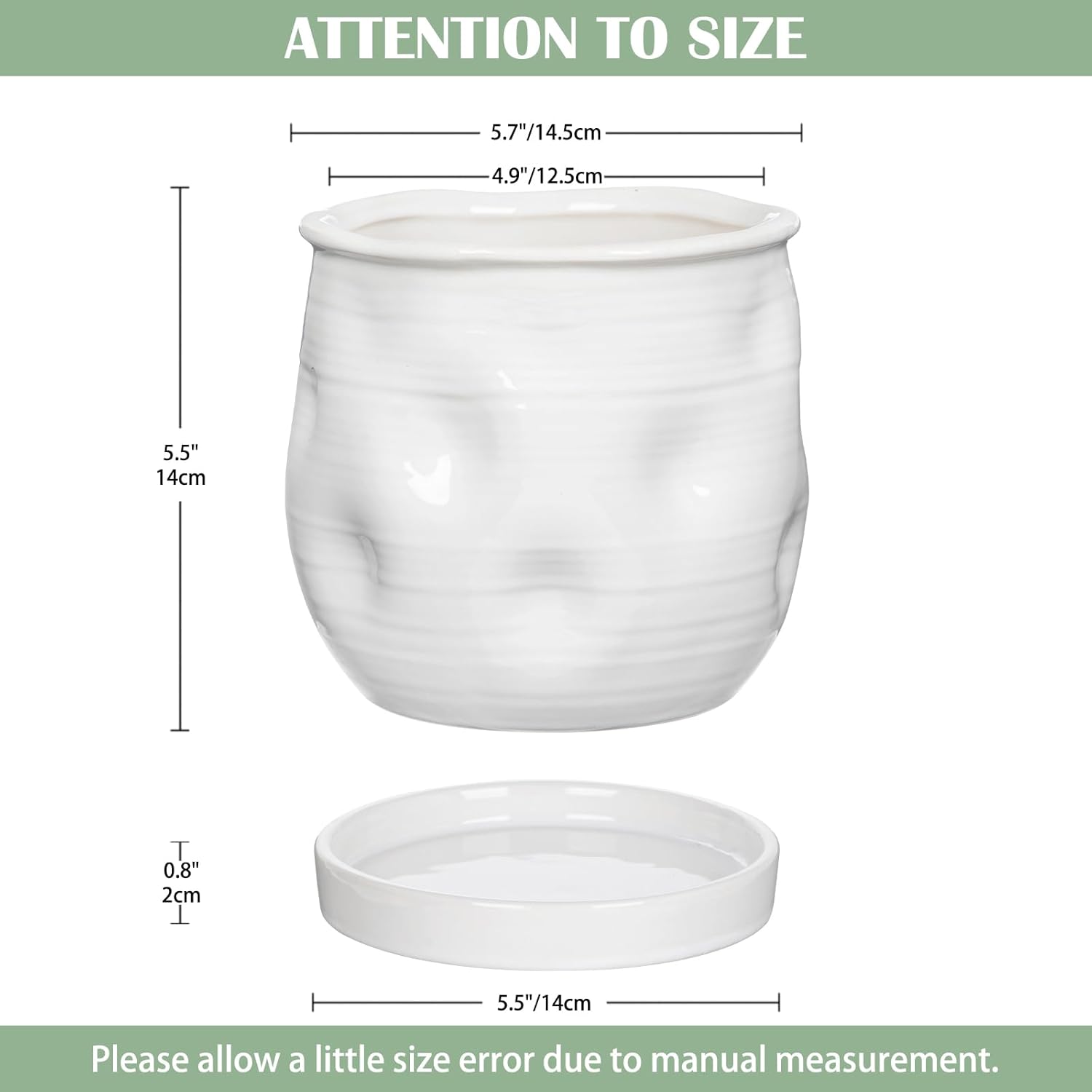 5.7 inch Ceramic Pots for Plants, Plant Pot with Drainage Hole and Saucer White Ceramic Indoor Planter with Tray Decorative Flower Pots for Succulent