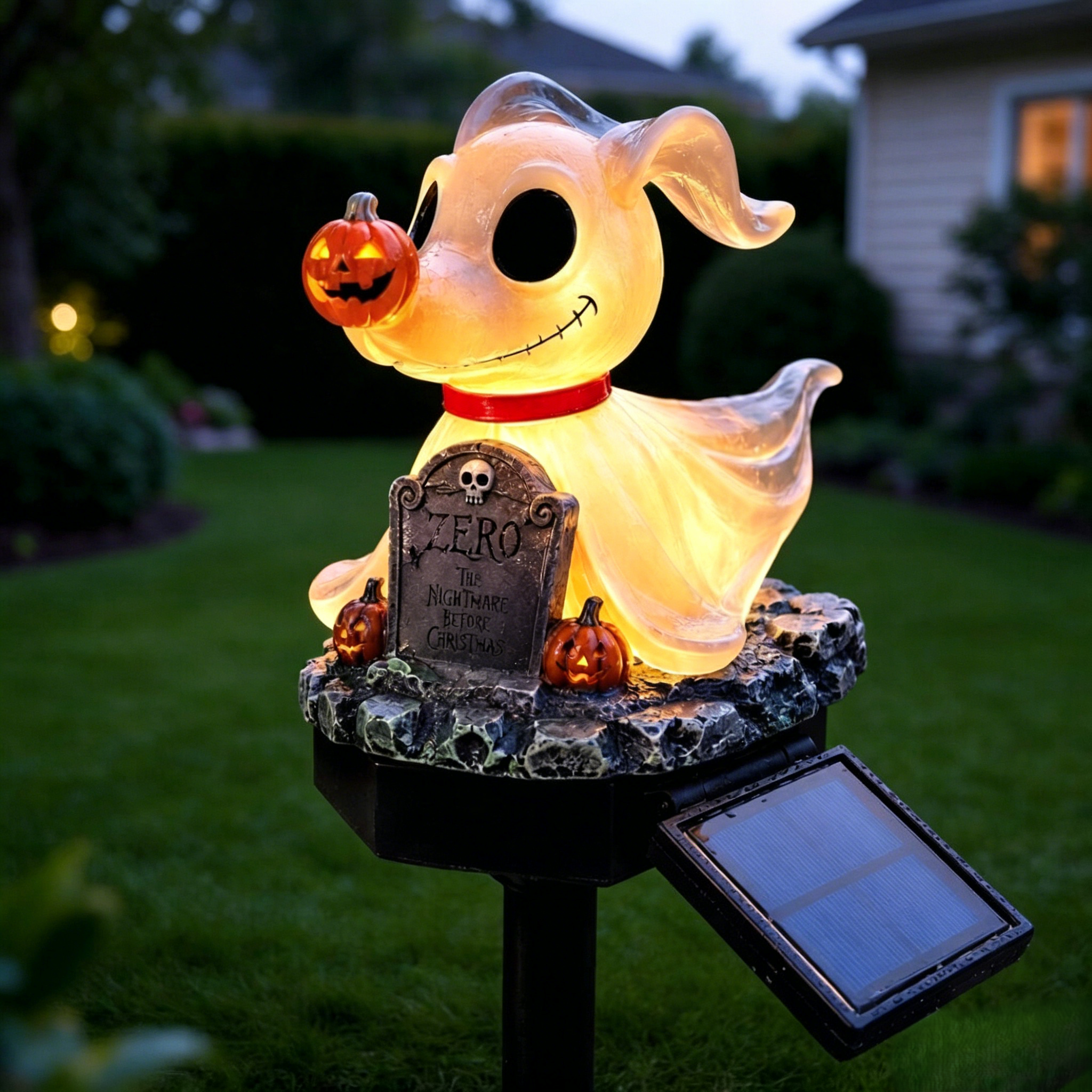 👻 Ghost Puppy Pumpkin Solar Garden Stake Light | Spooky Halloween Outdoor Landscape LED Lamp