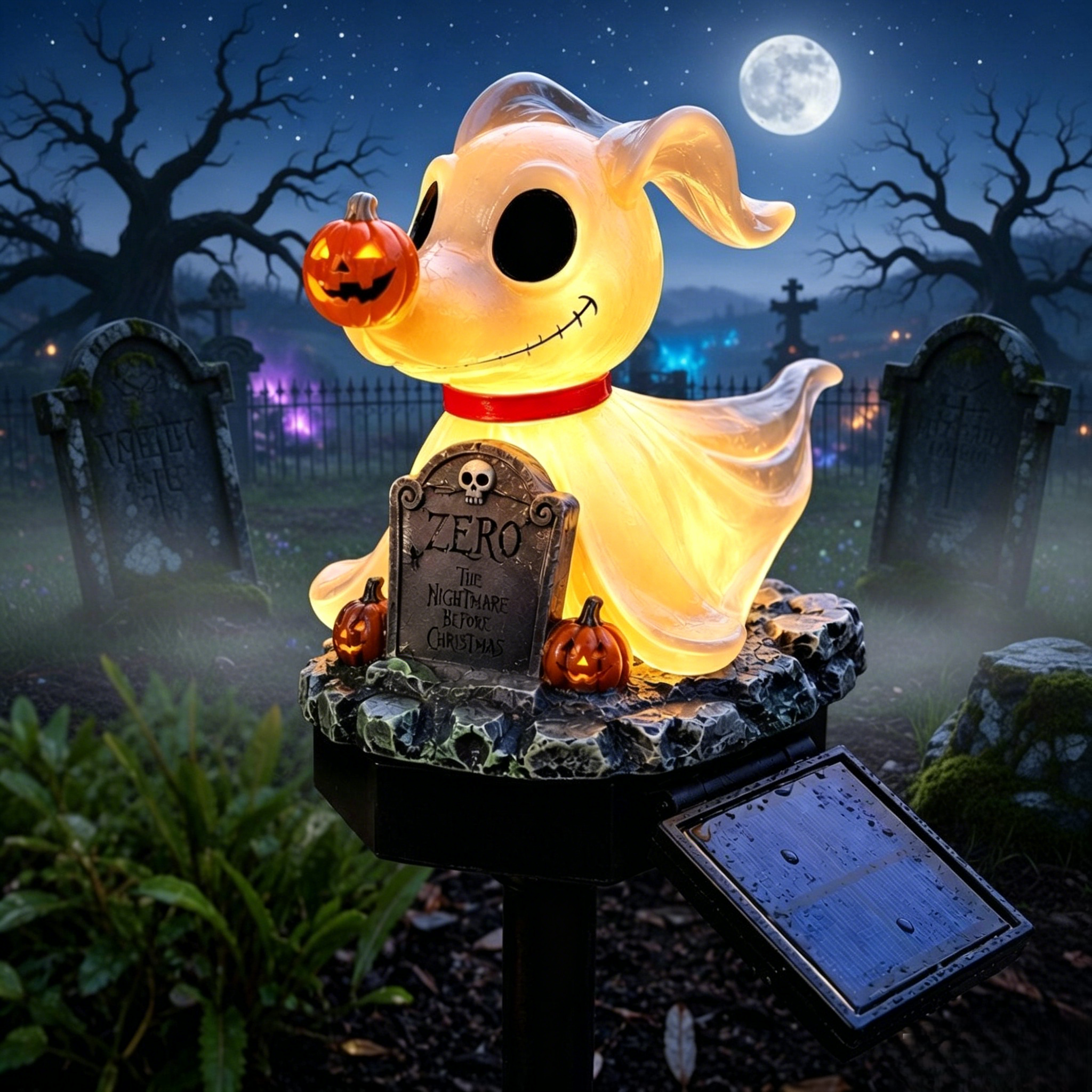 👻 Ghost Puppy Pumpkin Solar Garden Stake Light | Spooky Halloween Outdoor Landscape LED Lamp