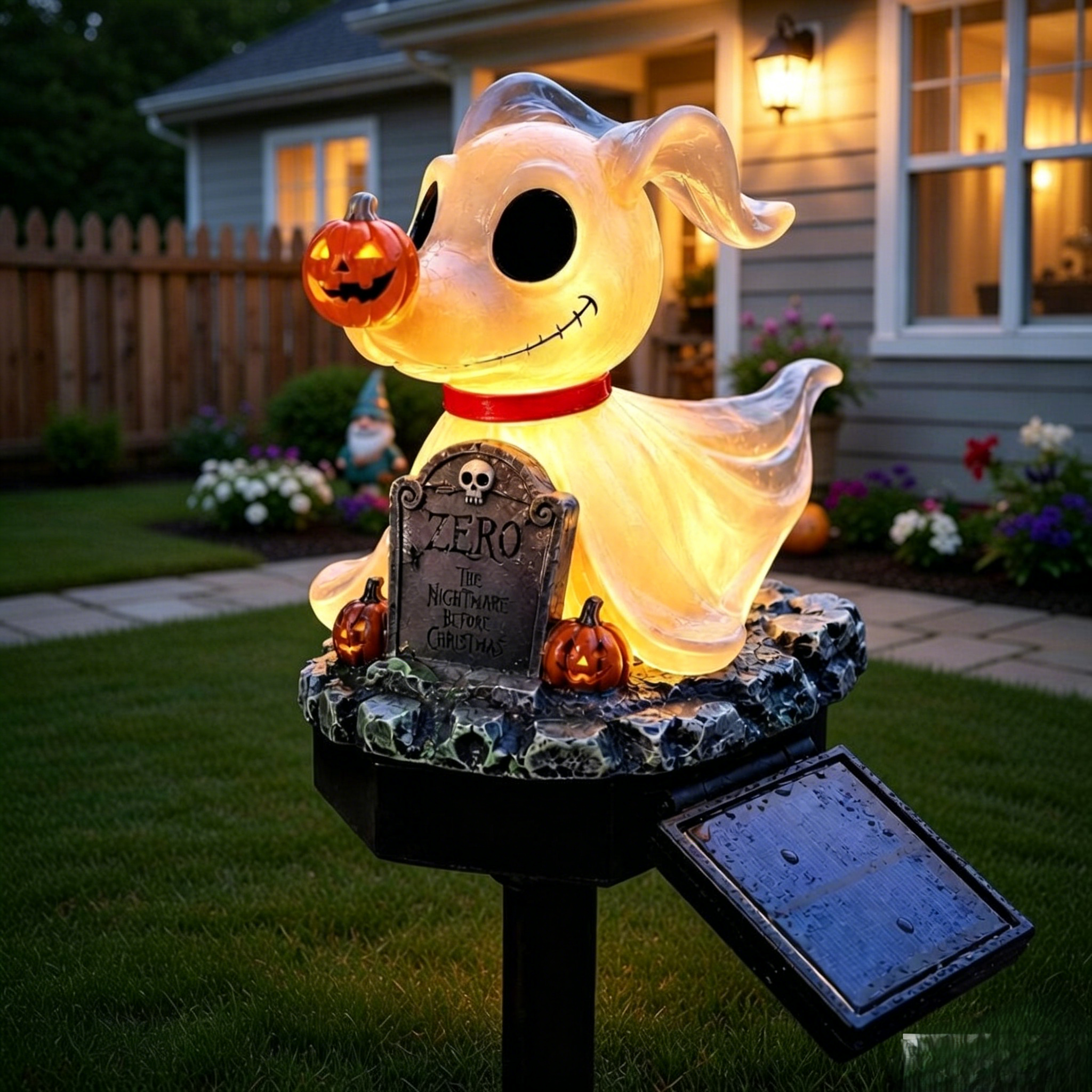👻 Ghost Puppy Pumpkin Solar Garden Stake Light | Spooky Halloween Outdoor Landscape LED Lamp