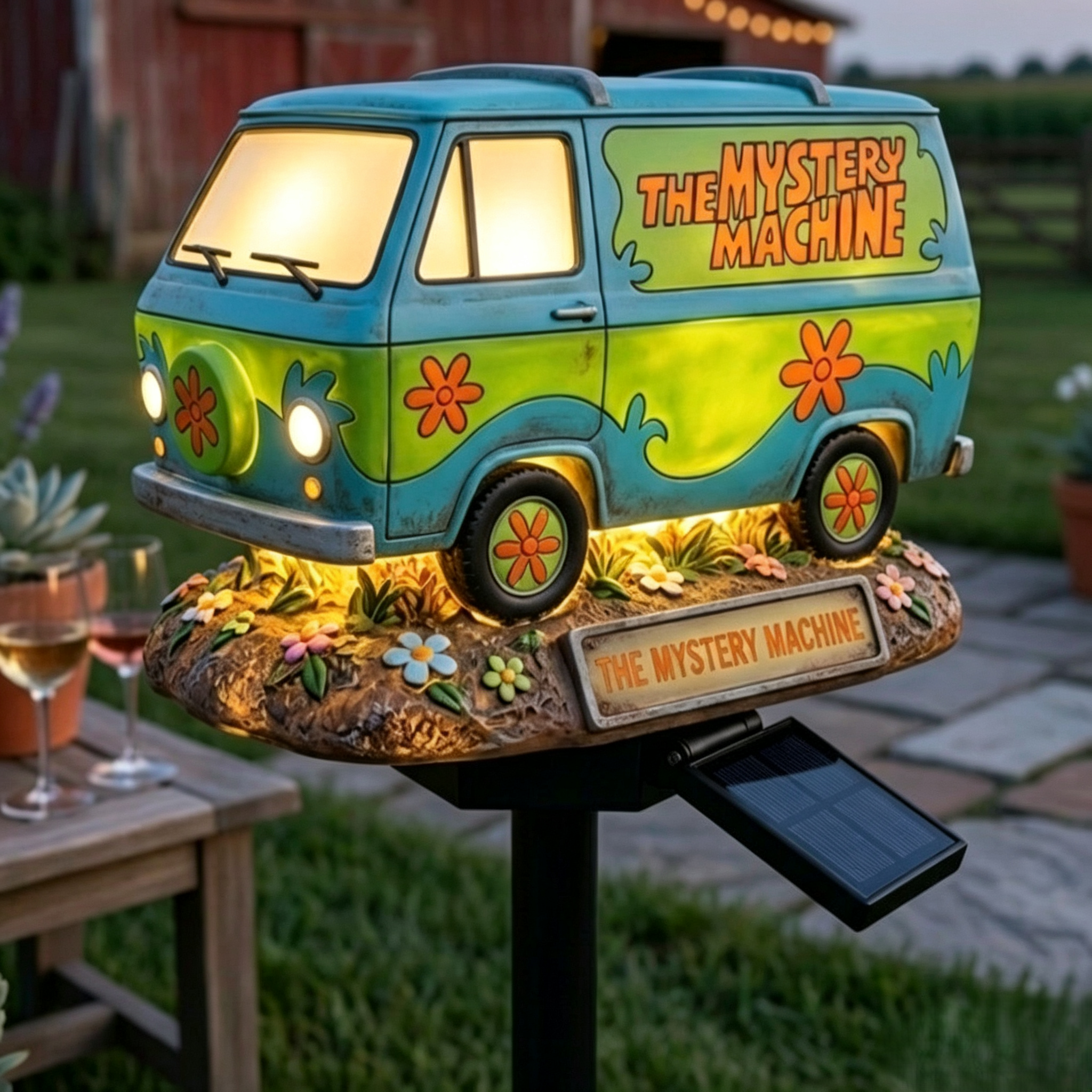 🚐 Scooby Doo Mystery Machine Solar Garden Stake Light | Retro Hippie Van Outdoor Landscape Decor Lamp