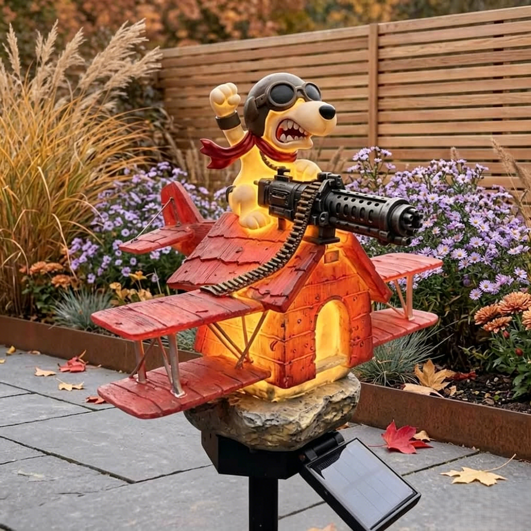🐶 Snoopy Red Baron Biplane Solar Garden Stake Light | Funny Pilot Dog Outdoor Landscape Lamp