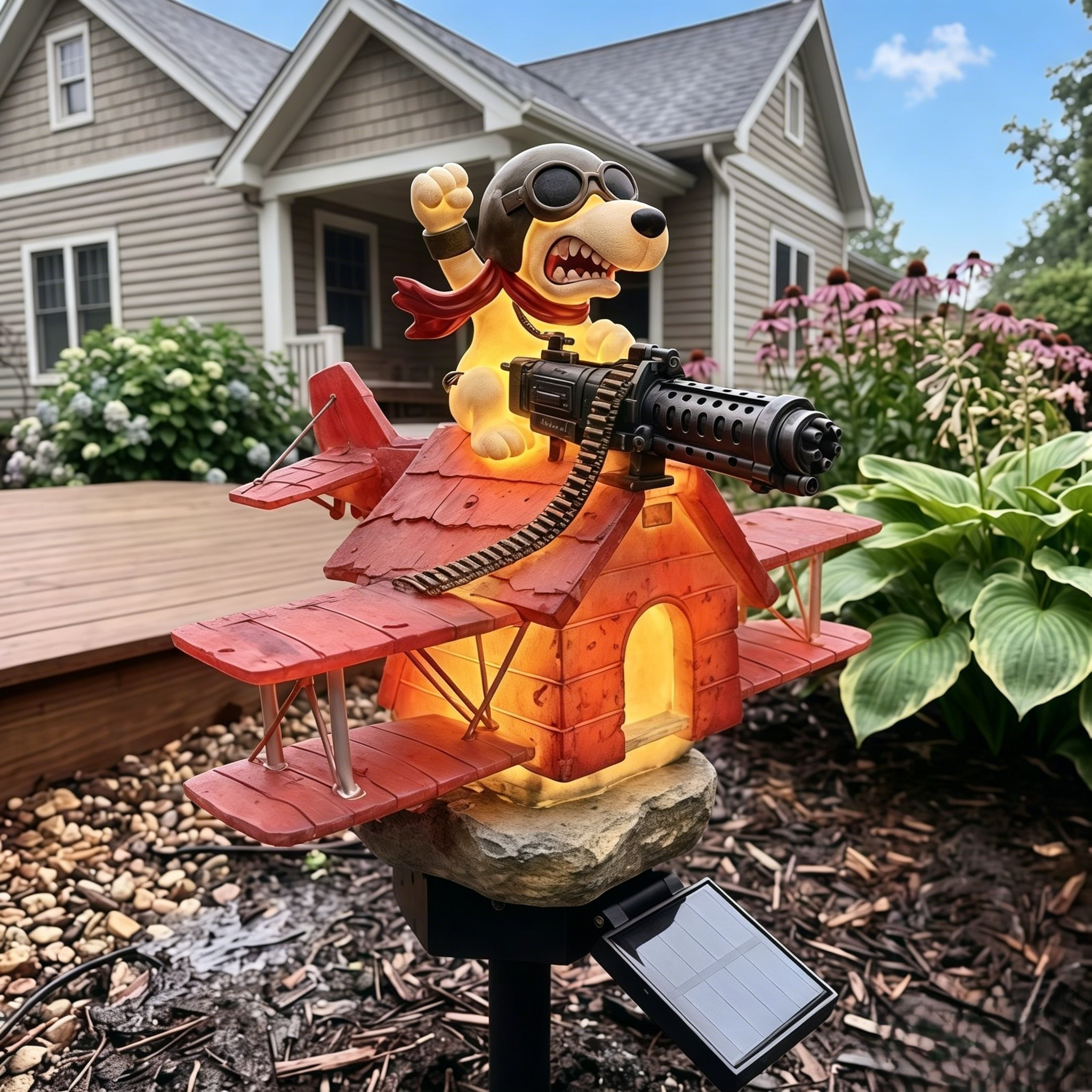🐶 Snoopy Red Baron Biplane Solar Garden Stake Light | Funny Pilot Dog Outdoor Landscape Lamp