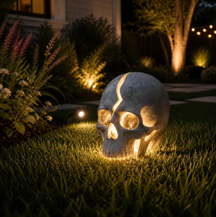 💀 Cracked Skull Solar Garden Light | Gothic Spooky Skull Landscape Yard Lamp