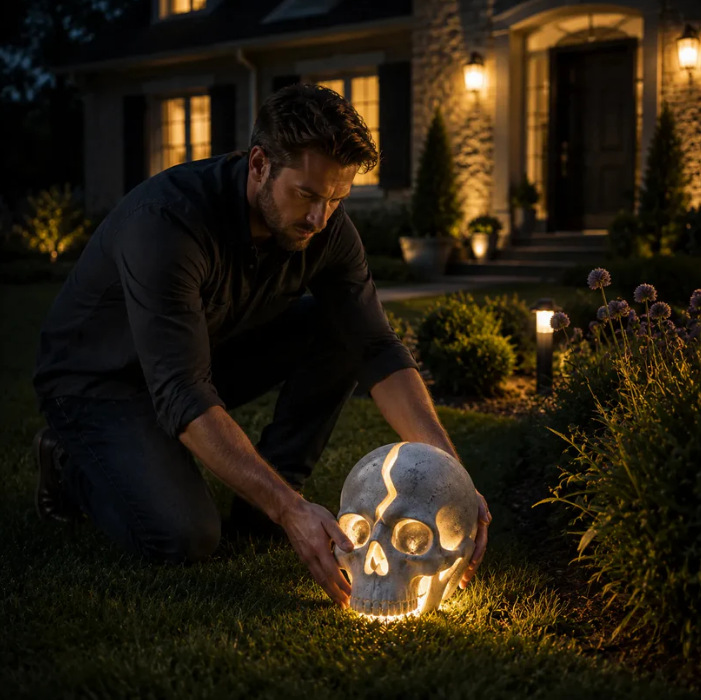 💀 Cracked Skull Solar Garden Light | Gothic Spooky Skull Landscape Yard Lamp