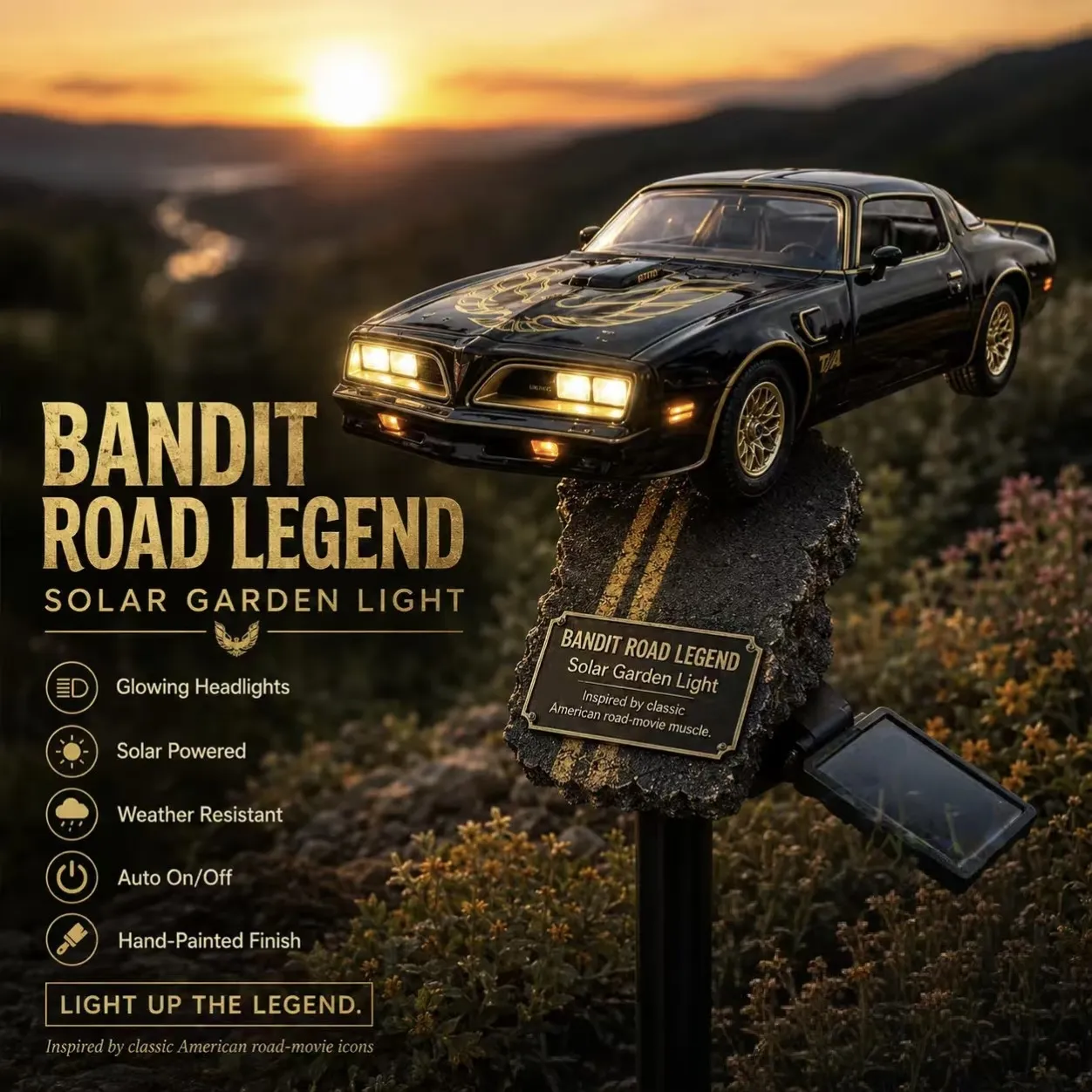 🏁 Pontiac Firebird Trans Am 50th Anniversary Solar Garden Stake Light | Classic Muscle Car Outdoor Landscape Lamp