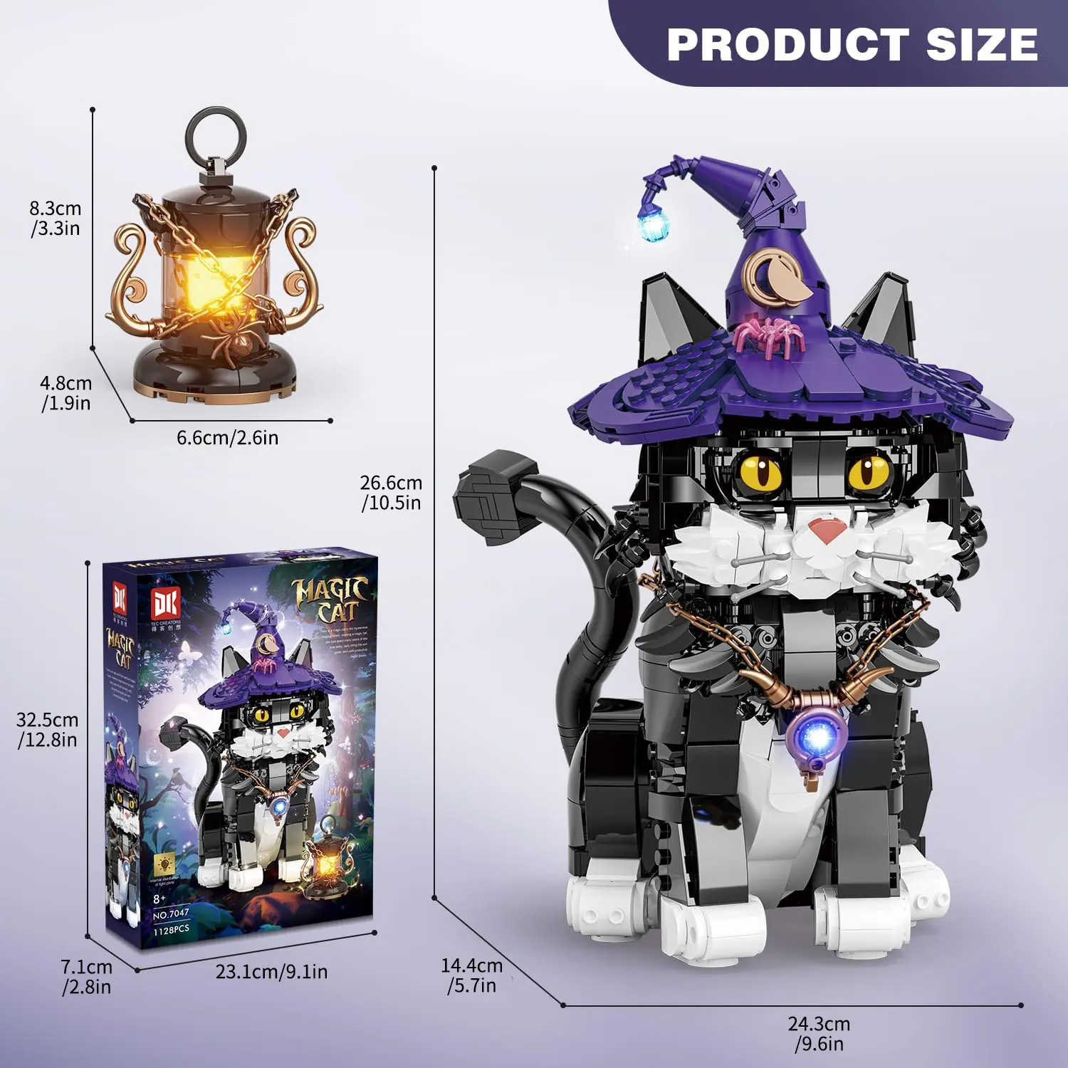 Magic Cat Creative Building Blocks Set, with  Cute Cat with Wizard Hat & Glowing Lantern