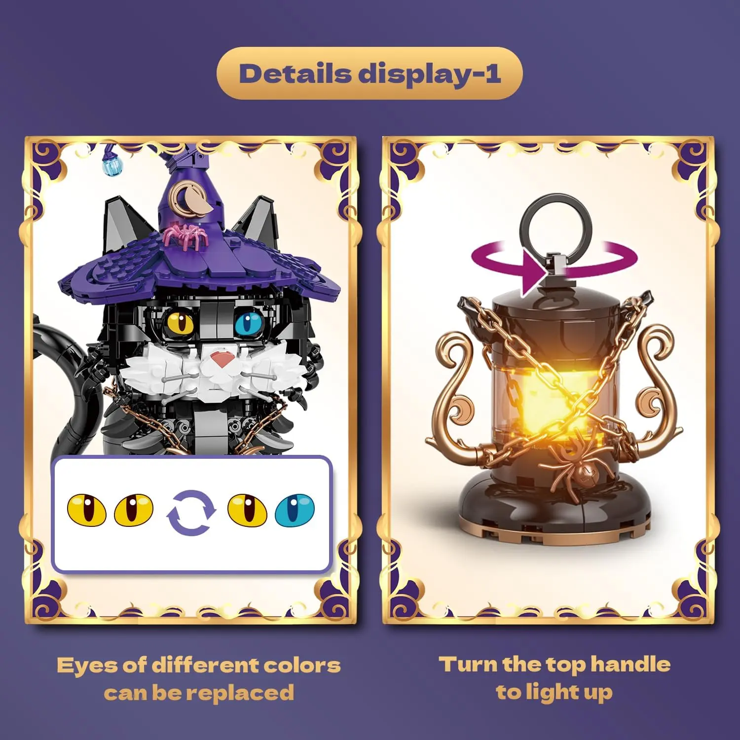 Magic Cat Creative Building Blocks Set, with  Cute Cat with Wizard Hat & Glowing Lantern